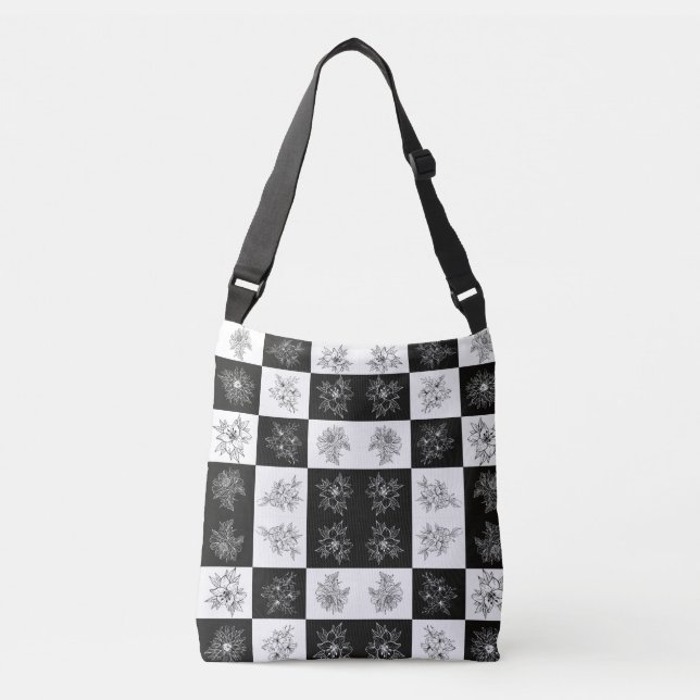 Bolsa Ajustável Flores monocromáticas e padrão do quadro de xadrez (Frente)