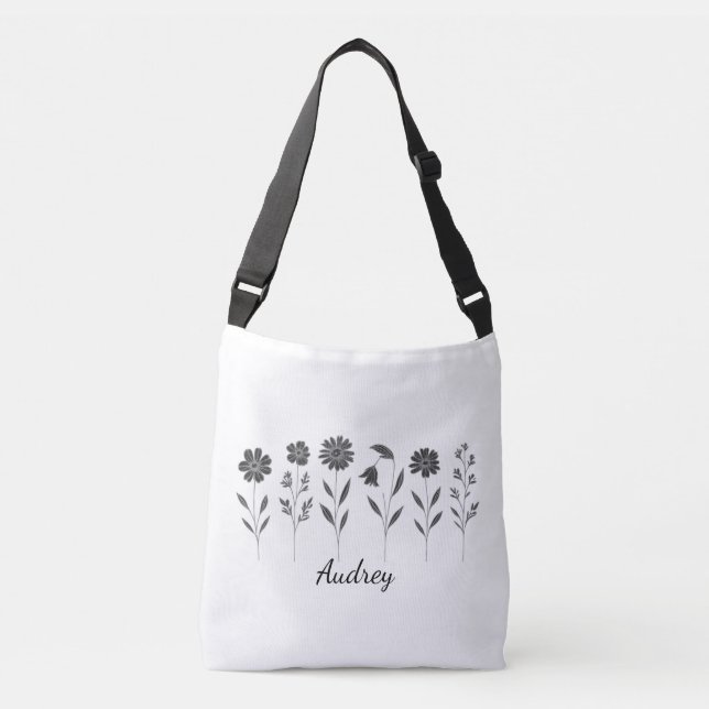 Bolsa Ajustável Flores Silvestres Preto e Branco Unisex Adicionar  (Frente)