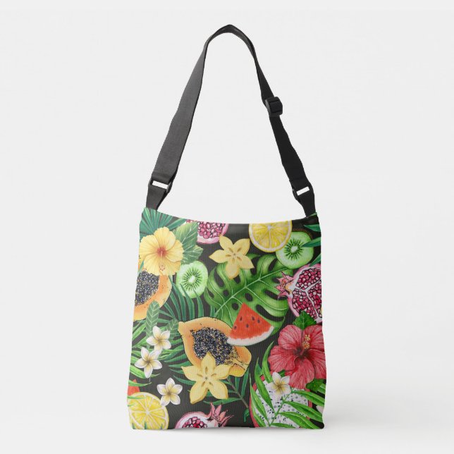 Bolsa Ajustável Frutas tropicais, flores e folhas a preto (Frente)