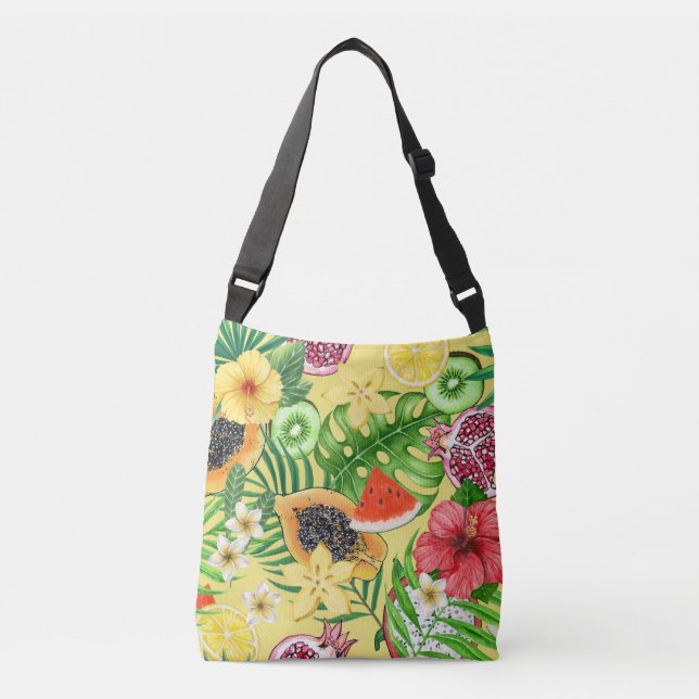 Bolsa Ajustável Frutas tropicais, flores e folhas em amarelo (Frente)