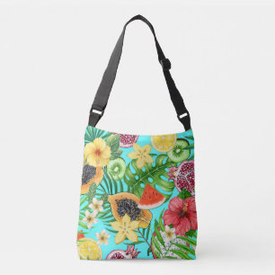 Bolsa Ajustável Frutas tropicais, flores e folhas em azul