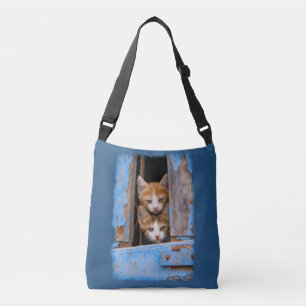 Bolsa Ajustável Gatinhos de Gato Bonitos em Vintage Blue Window Fo