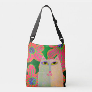 Bolsa Ajustável Gato Branco com Abstrato de Arte Flores