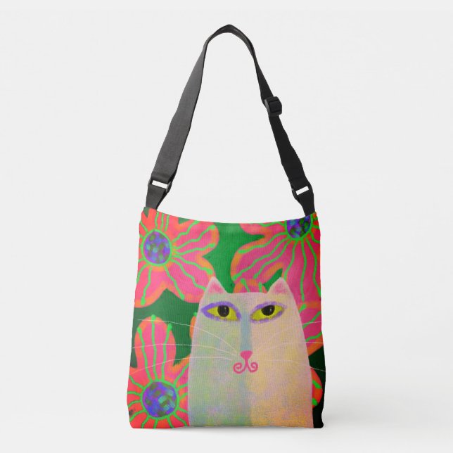 Bolsa Ajustável Gato Branco com Abstrato de Arte Flores (Frente)