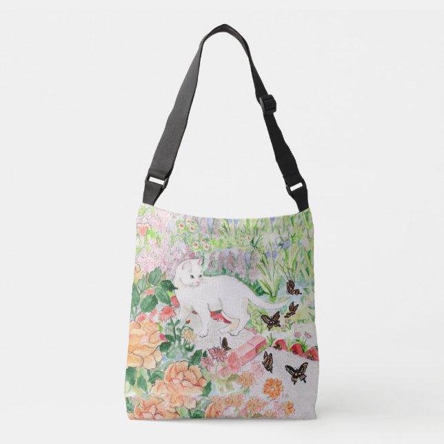 Bolsa Ajustável Gato Branco em um Saco de Corpo Cruzado de Jardim (Frente)