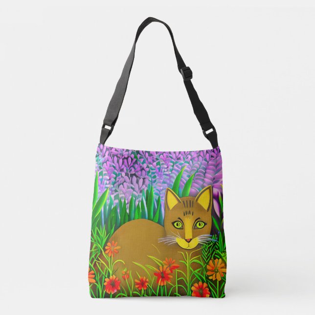 Bolsa Ajustável Gato de Olho Verde em um Jardim Flor (Verso)