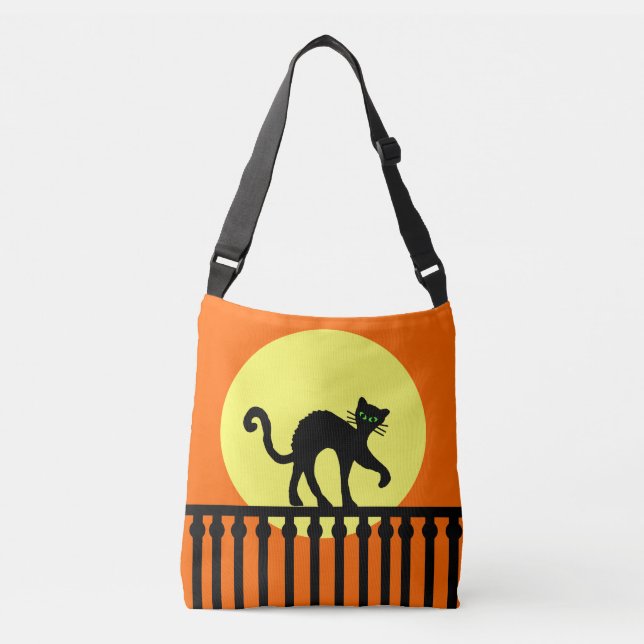 Bolsa Ajustável Gato Preto Assustador a Caminhar na Cerca Laranja- (Frente)