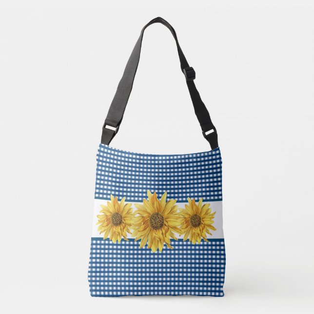 Bolsa Ajustável Gingham Azul marinho com Girassóis (Frente)