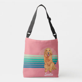 Bolsa Ajustável Golden Retriever Custom Name Retro Stripe Pink