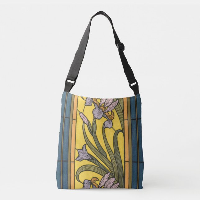 Bolsa Ajustável Iris Flower Art Nouveau Vidro Estampado Azul Doura (Frente)