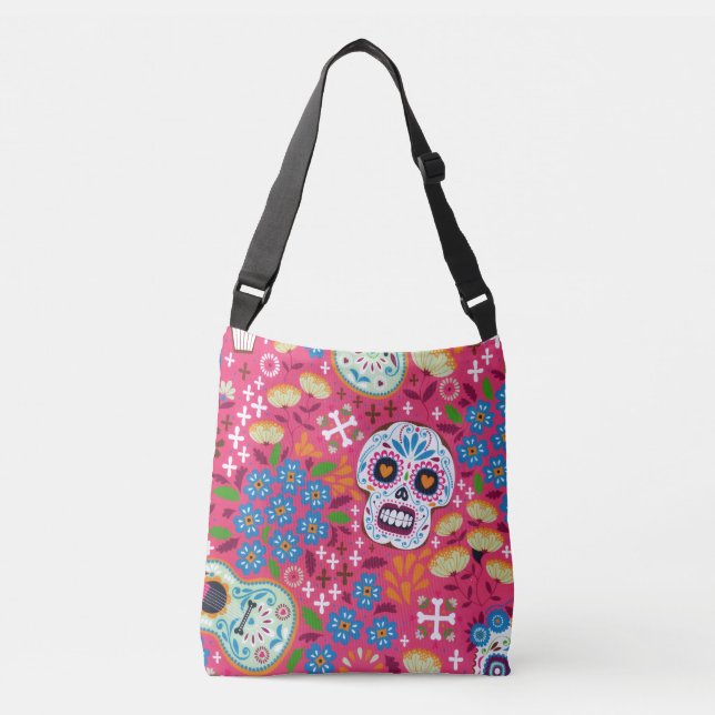 Bolsa Ajustável Jardim Floral do Crânio do Rock Rosa (Frente)