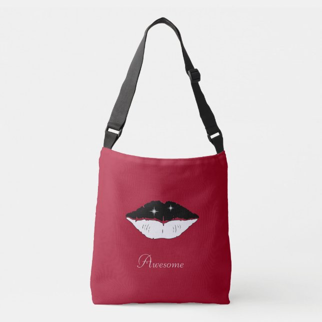 Bolsa Ajustável Lábios pretos e brancos elegantes e caligrafia em  (Frente)