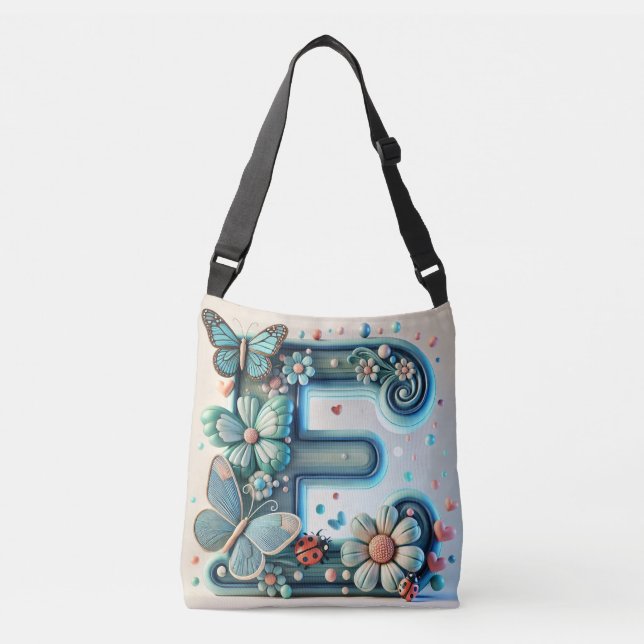 Bolsa Ajustável Letra E Floral Elegante com Borboletas (Frente)