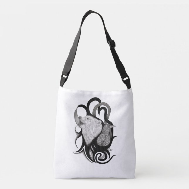 Bolsa Ajustável Lobo Branco com Arte Tribal Raven (Verso)