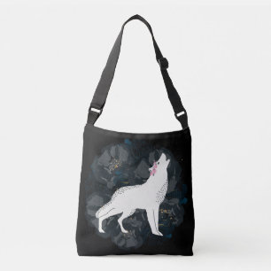 Bolsa Ajustável Lobo branco no círculo de rosas pretos Crossbody