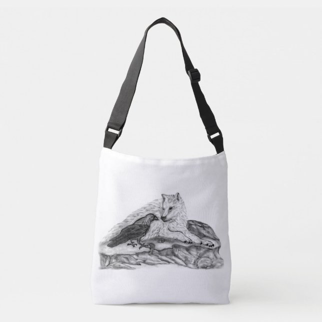 Bolsa Ajustável Lobo e Raven - Design preto e branco (Frente)