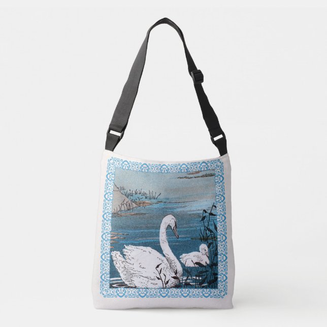 Bolsa Ajustável Madre Branca Elegante Swan com Bebê em Lago Azul (Frente)