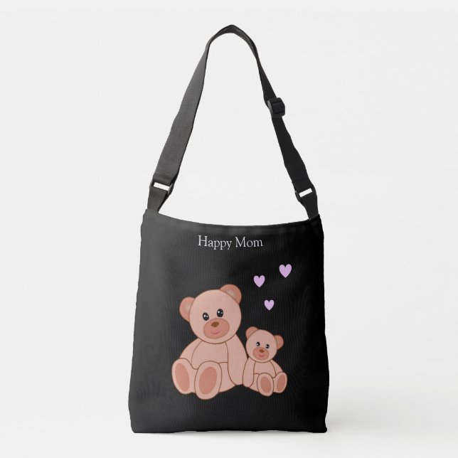 Bolsa Ajustável Mãe Feliz & Ursos Fofos em Preto (Frente)