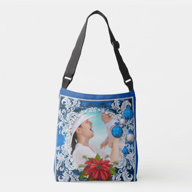 Bolsa Ajustável Moldura de Foto de Natal Azul (Frente)