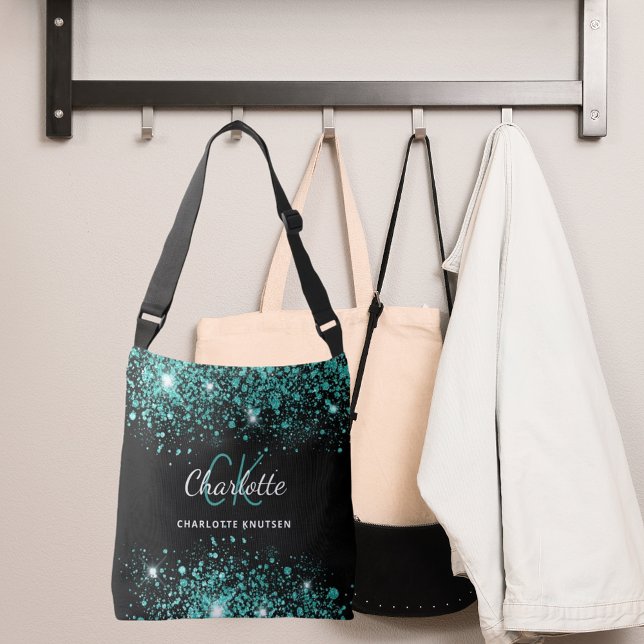 Bolsa Ajustável Monograma de glitter verde azulado preto (Criador carregado)