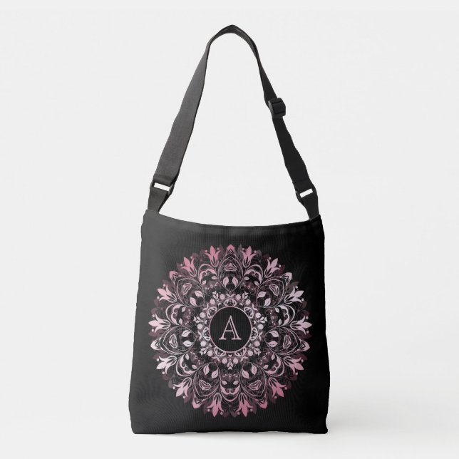 Bolsa Ajustável Monograma de Mandala Preto Metálico Cor-de-Rosa Ch (Frente)
