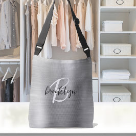 Bolsa Ajustável Monograma de Script Branco Preto, Bruto, em Prata