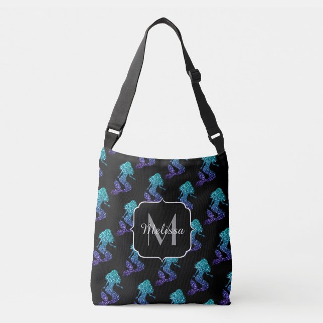 Bolsa Ajustável Monograma do Mermaid aqua blue ombre Sparkles (Frente)