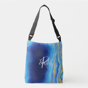 Bolsa Ajustável Monograma do nome do Abstrato de mármore azul e la