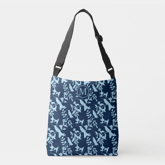 Bolsa Ajustável Monograma do padrão de beija-flor azul (Frente)
