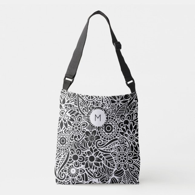 Bolsa Ajustável Monograma Inicial Floral Mandala Preto Branco (Frente)
