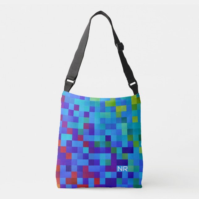 Bolsa Ajustável Monograma Vermelho Azul Geeky com Padrão de Pixel  (Frente)