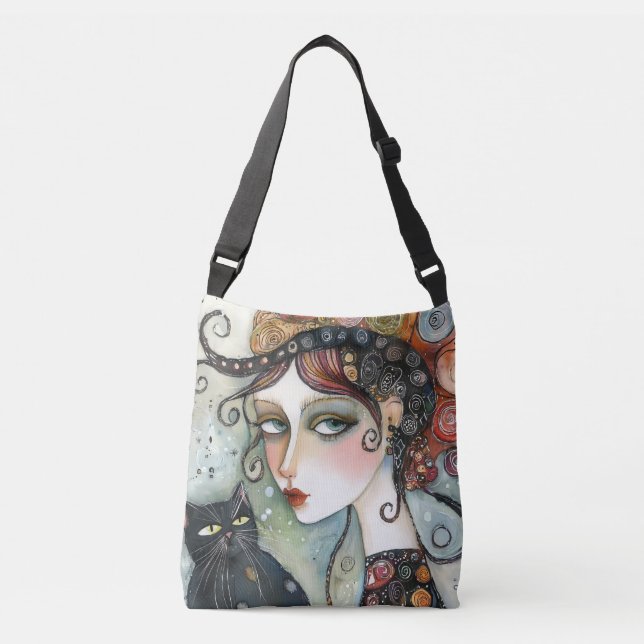 Bolsa Ajustável Mulher Elegante e Gato Crossbody Bag (Frente)