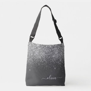 Bolsa Ajustável Nome do Monograma da Girly Glitter Sparkle Cinza S