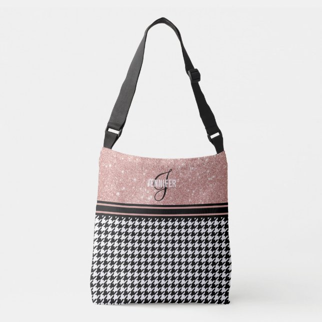 Bolsa Ajustável Nome do monograma do Glitter Houndstooth rosa Dour (Frente)