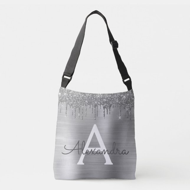 Bolsa Ajustável Nome do Monograma do Silver Glitter Brugado Metal (Frente)