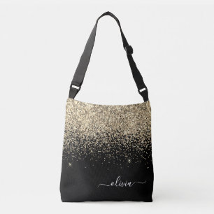 Bolsa Ajustável Nome do Monograma do Sparkle Glitter Negro Dourado