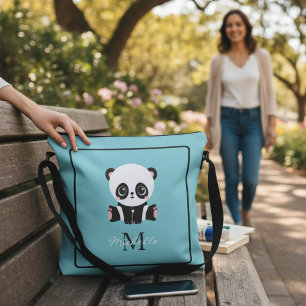Bolsa Ajustável Nome Personalizado Azul Panda Azul do Monograma