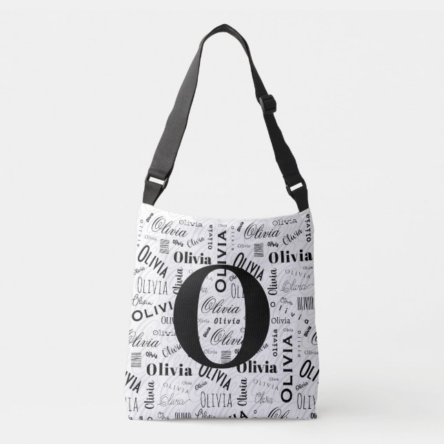 Bolsa Ajustável Olivia Nome Personalizado Preto Branco  (Frente)