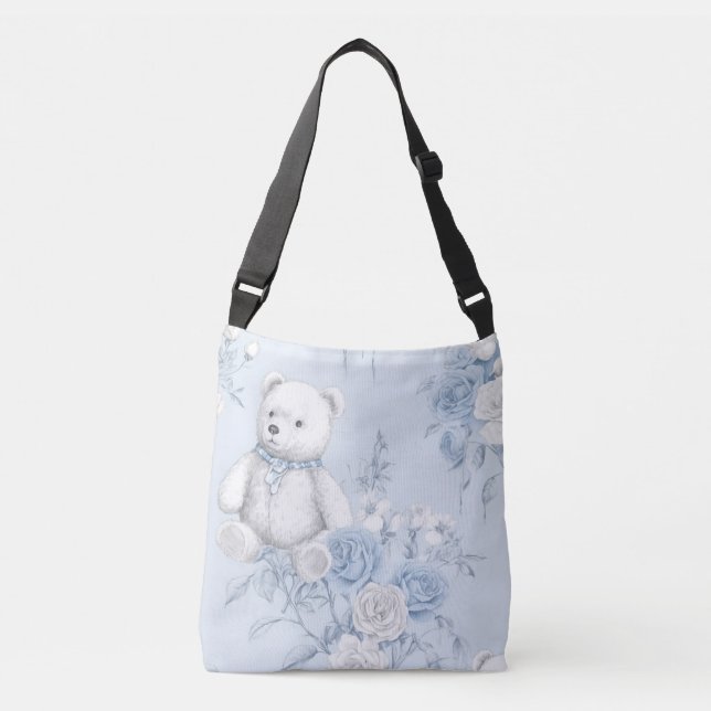 Bolsa Ajustável ornamento floral azul francês e urso (Frente)