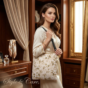 Bolsa Ajustável Padrão Botânico Oliva Dourado Floral Branco Elegan