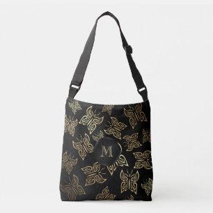Bolsa Ajustável Padrão de Borboletas Dourado Preto