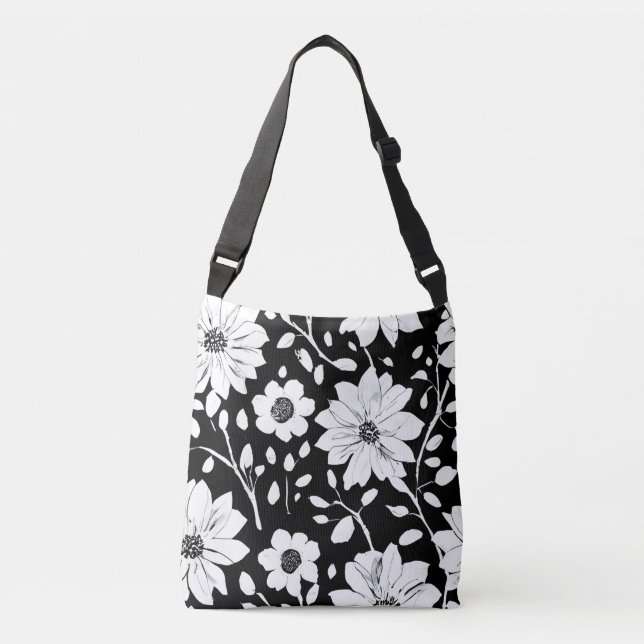 Bolsa Ajustável Padrão de Flor Simples Preto e Branco Sem Olho (Frente)