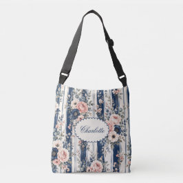 Bolsa Ajustável Padrão de Listra Floral Azul Marinho Aquarela com