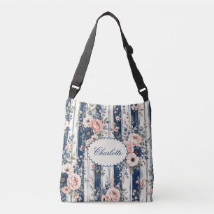 Bolsa Ajustável Padrão de Listra Floral Azul Marinho Aquarela com