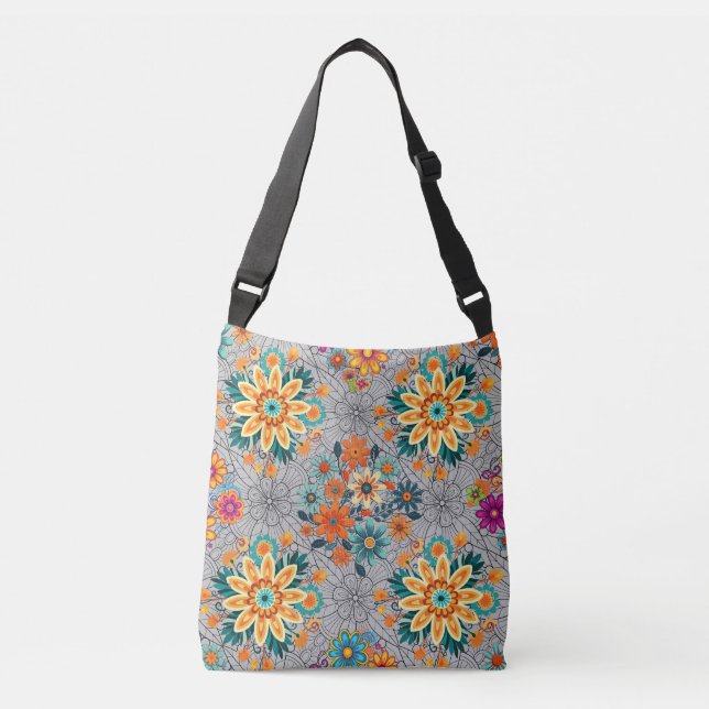 Bolsa Ajustável Padrão de potes florais multicores. Cinzas pretas  (Frente)