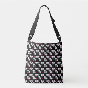 Bolsa Ajustável Padrão Floral Branco Elegante em Fundo Preto