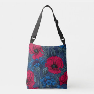 Bolsa Ajustável Papoilas vermelhas e flores azuis em azul