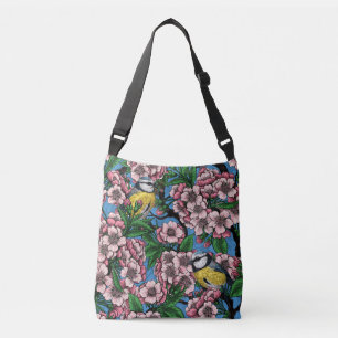 Bolsa Ajustável Pássaros-peludos-azuis na cerejeira florescente em