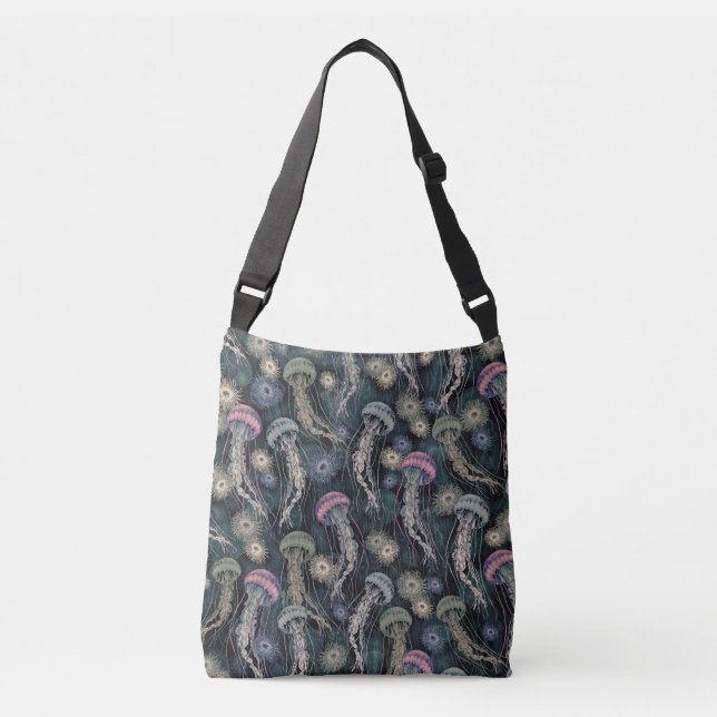 Bolsa Ajustável Peixes-judeus etéreos e anêmonas em Teal e Rosa (Frente)