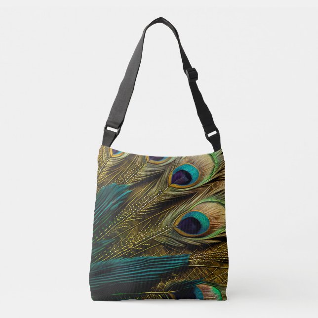 Bolsa Ajustável Penas de Pavão Dourado Azul Elegante-Abstrato Azul (Frente)